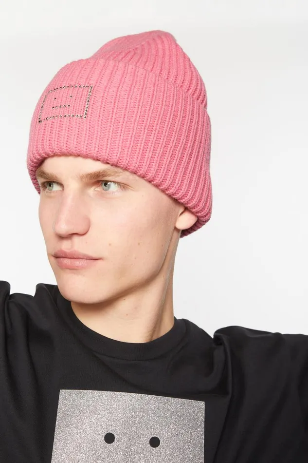 Women Embellished Face Logo Beanie Tango Pink Acne Studios Face Collection