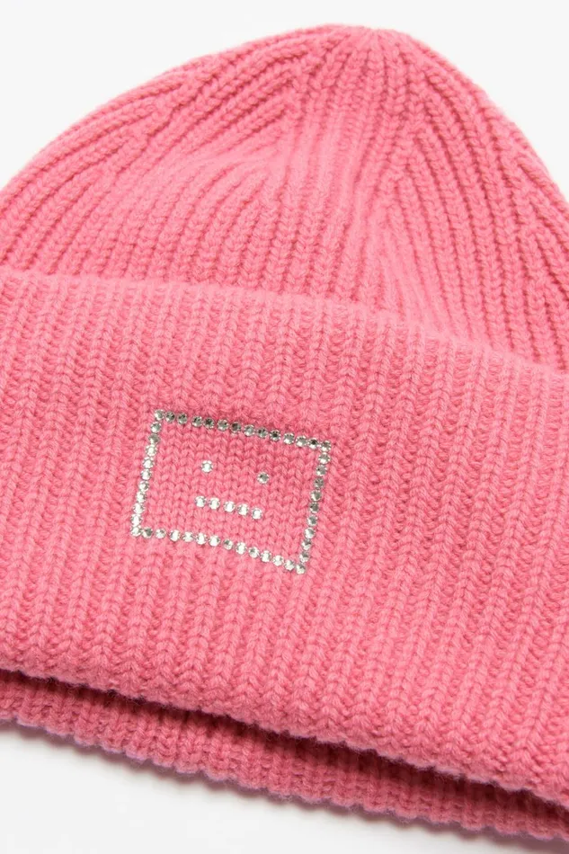 Women Embellished Face Logo Beanie Tango Pink Acne Studios Face Collection