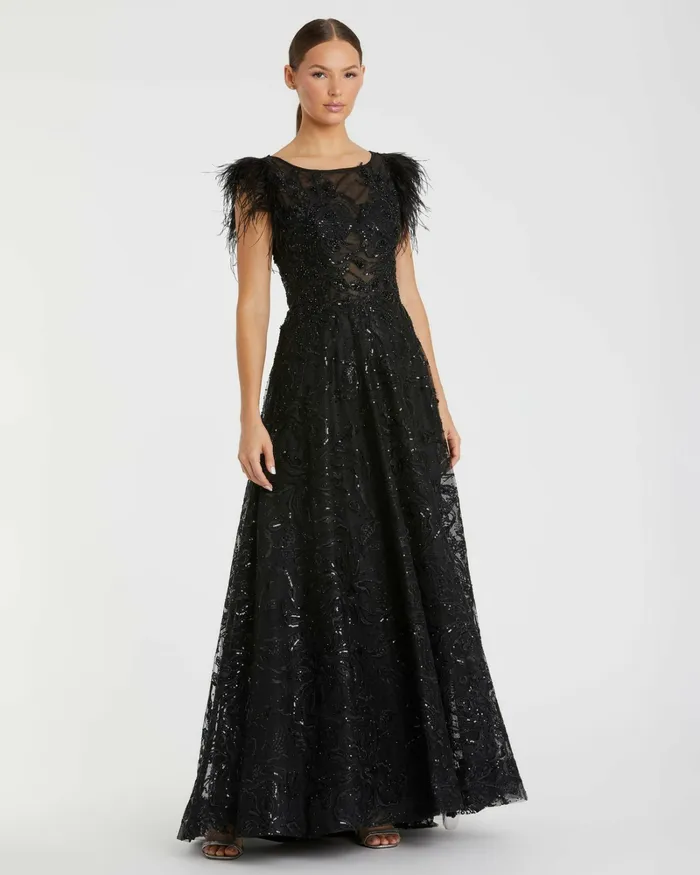 Women Embellished Feather Cap Sleeve Bateau A Line Gown Black Best Sellers Mac Duggal