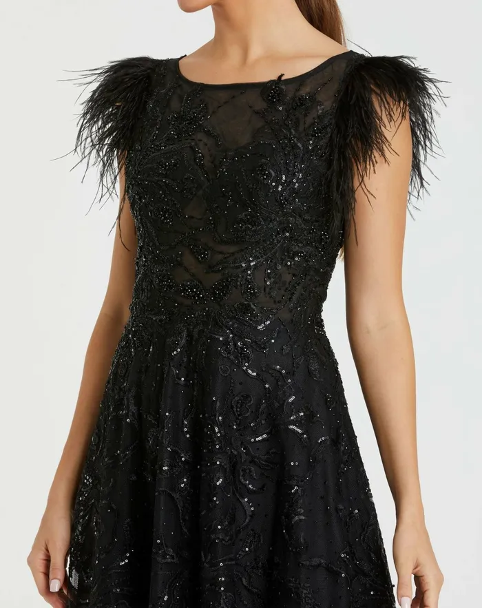 Women Embellished Feather Cap Sleeve Bateau A Line Gown Black Best Sellers Mac Duggal