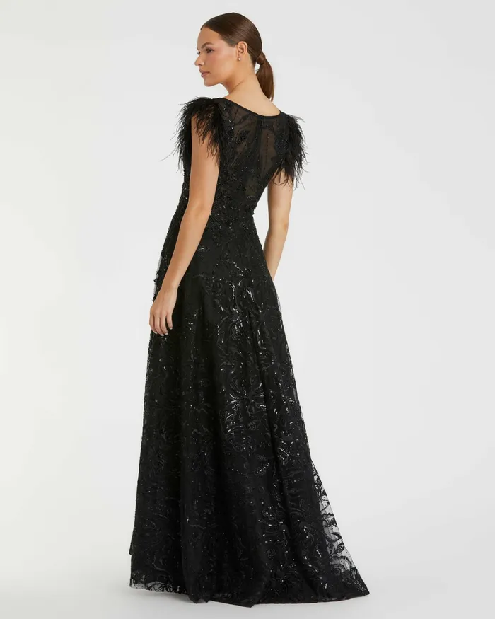 Women Embellished Feather Cap Sleeve Bateau A Line Gown Black Best Sellers Mac Duggal