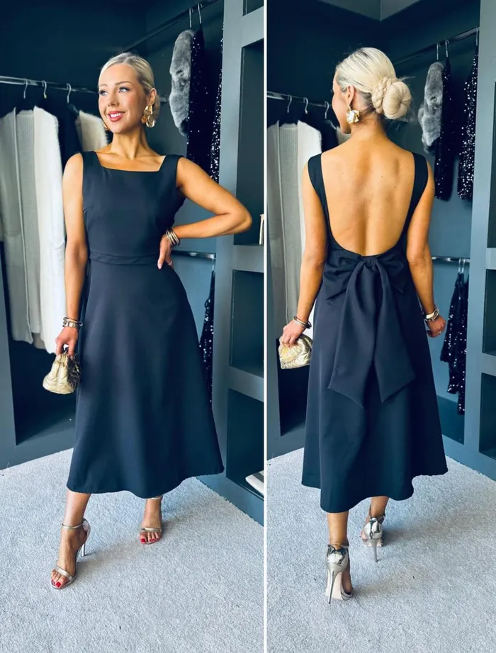 Women Evening Dress Canella Lane Antoinette Bow Detail Midi Dress Black