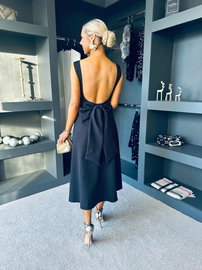Women Evening Dress Canella Lane Antoinette Bow Detail Midi Dress Black