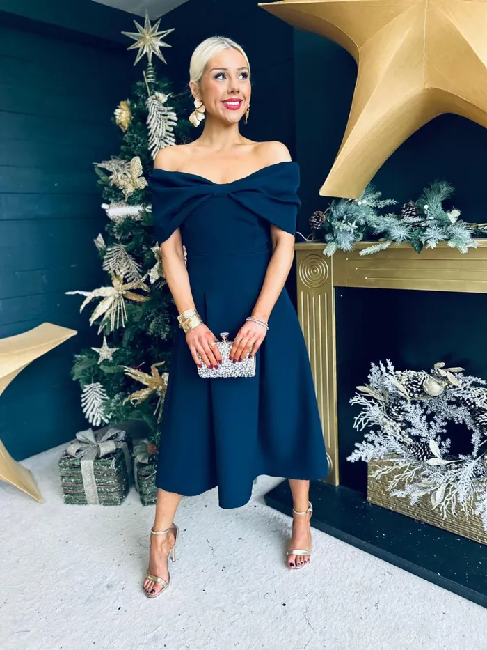 Women Evening Dress Canella Lane Francesca Bardot Occasion Dress Navy