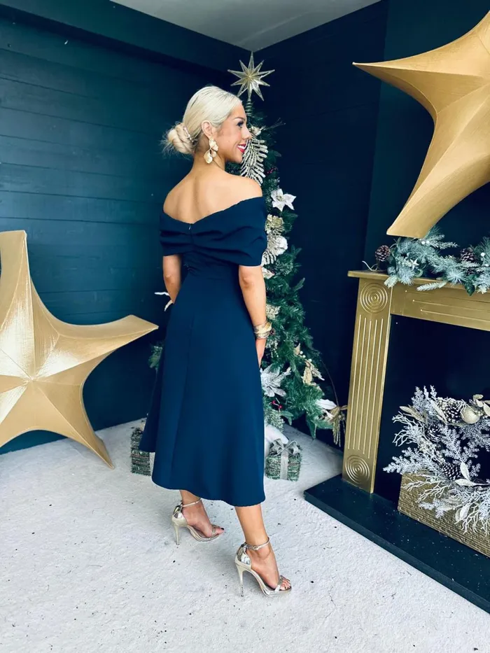 Women Evening Dress Canella Lane Francesca Bardot Occasion Dress Navy