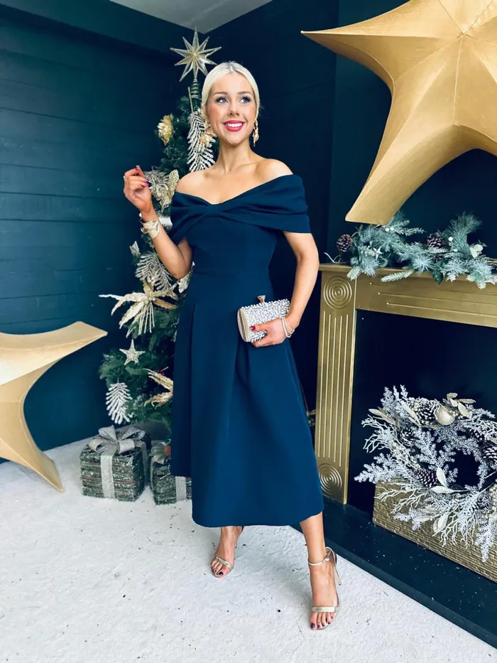 Women Evening Dress Canella Lane Francesca Bardot Occasion Dress Navy