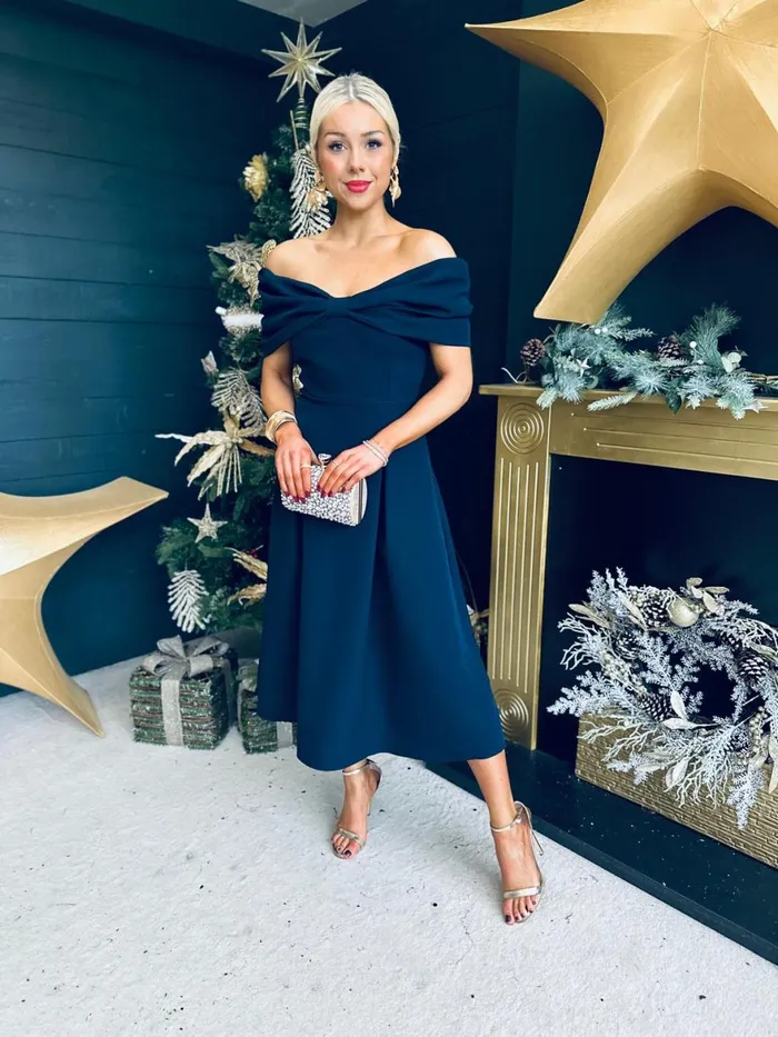 Women Evening Dress Canella Lane Francesca Bardot Occasion Dress Navy