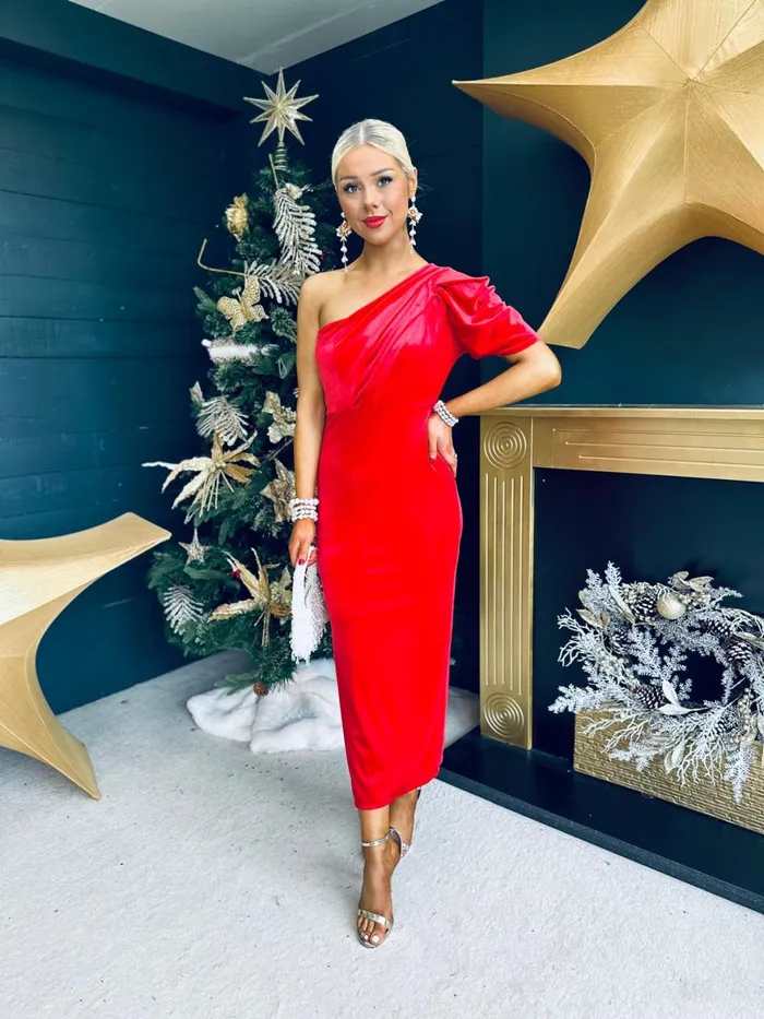 Women Evening Dress Canella Lane Katie One Shoulder Velvet Occasion Dress Red