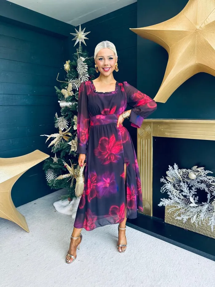 Women Evening Dress Canella Lane Meabh Square Neck Midi Dress Red Purple Floral