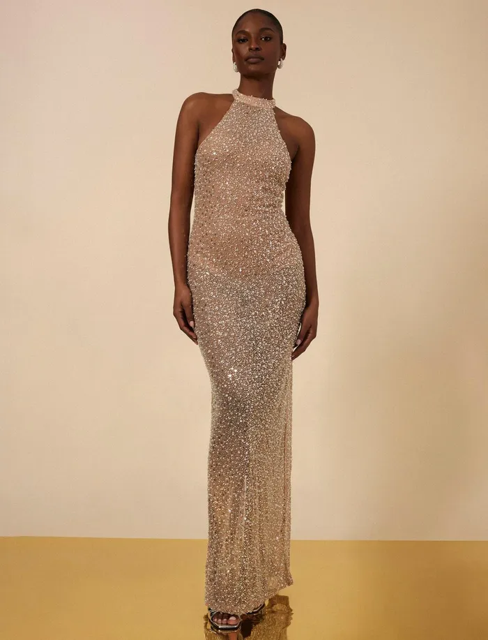 Women Evening Dresses and Gowns BCBG Jules Beaded SemiSheer Halter Gown Cafe Au Lait