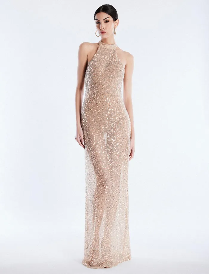 Women Evening Dresses and Gowns BCBG Jules Beaded SemiSheer Halter Gown Cafe Au Lait