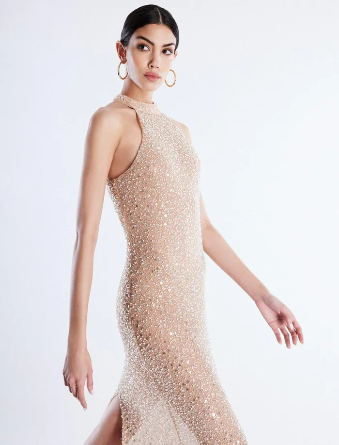 Women Evening Dresses and Gowns BCBG Jules Beaded SemiSheer Halter Gown Cafe Au Lait