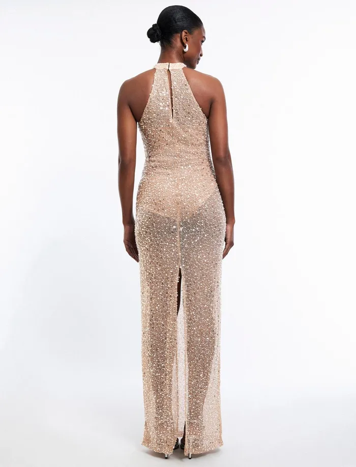 Women Evening Dresses and Gowns BCBG Jules Beaded SemiSheer Halter Gown Cafe Au Lait