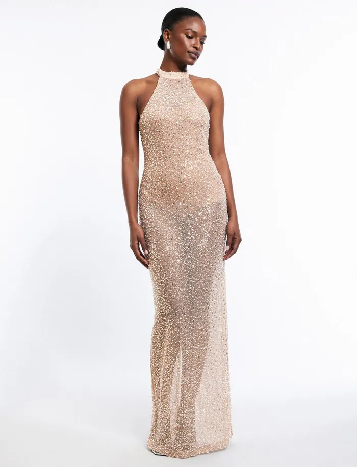 Women Evening Dresses and Gowns BCBG Jules Beaded SemiSheer Halter Gown Cafe Au Lait