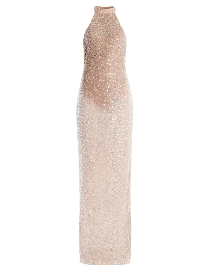 Women Evening Dresses and Gowns BCBG Jules Beaded SemiSheer Halter Gown Cafe Au Lait