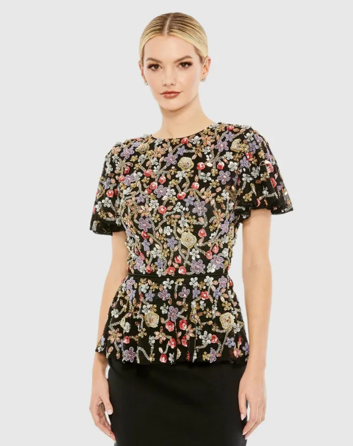 Women Floral Embellished Butterfly Sleeve Peplum Top 8211 FINAL SALE Black Multi Blouses and Tops Mac Duggal Women Floral Embellished Butterfly Sleeve Peplum Top 8211 FINAL SALE Black Multi Blouses and Tops Mac Duggal