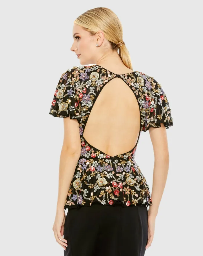 Women Floral Embellished Butterfly Sleeve Peplum Top 8211 FINAL SALE Black Multi Blouses and Tops Mac Duggal