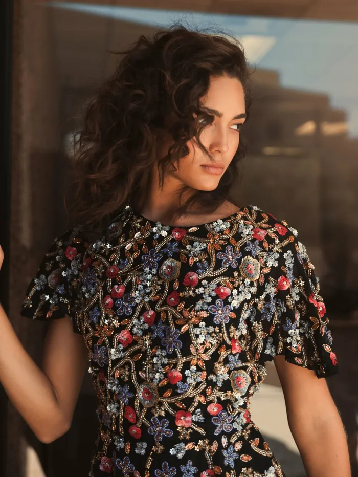 Women Floral Embellished Butterfly Sleeve Peplum Top 8211 FINAL SALE Black Multi Blouses and Tops Mac Duggal