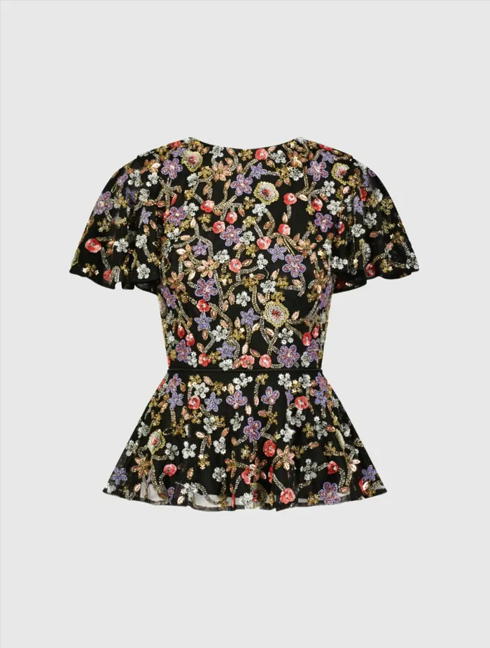Women Floral Embellished Butterfly Sleeve Peplum Top 8211 FINAL SALE Black Multi Blouses and Tops Mac Duggal