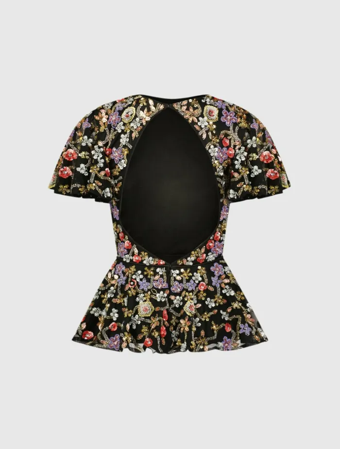 Women Floral Embellished Butterfly Sleeve Peplum Top 8211 FINAL SALE Black Multi Blouses and Tops Mac Duggal