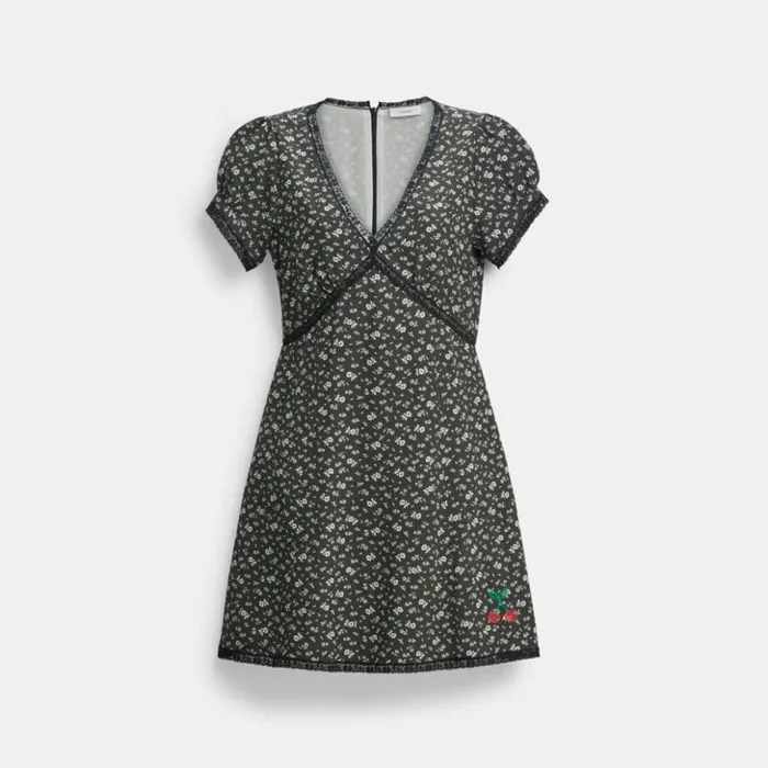 Women Floral V Neck Dress Washed Black Multi Coach Dresses