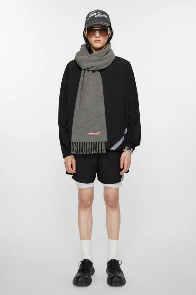 Women Fringe Wool Scarf Narrow Grey Melange Acne Studios Scarves