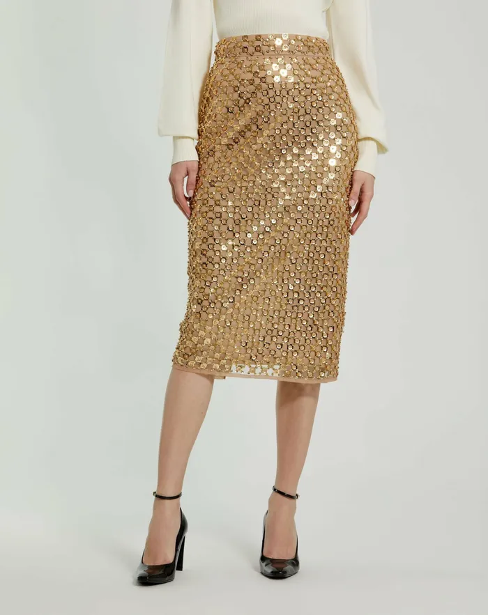 Women Georgette Embellished Fitted Midi Pencil Skirt Antique Gold Skirts Mac Duggal