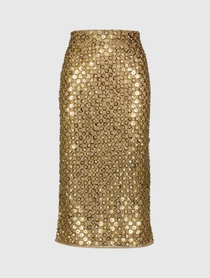 Women Georgette Embellished Fitted Midi Pencil Skirt Antique Gold Skirts Mac Duggal