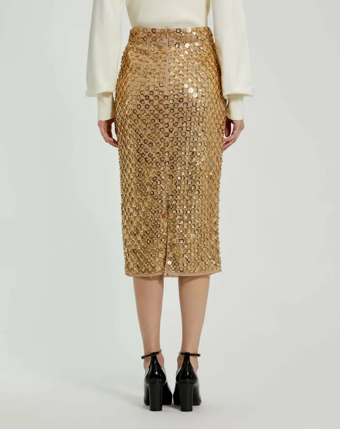 Women Georgette Embellished Fitted Midi Pencil Skirt Antique Gold Skirts Mac Duggal