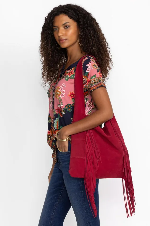 Women Handbags Johnny Was ITALIAN SUEDE FRINGE HOBO Redwood