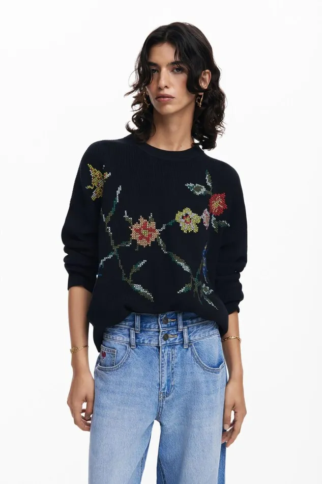 Women Jumpers Desigual Embroidered Flower Sweatshirt