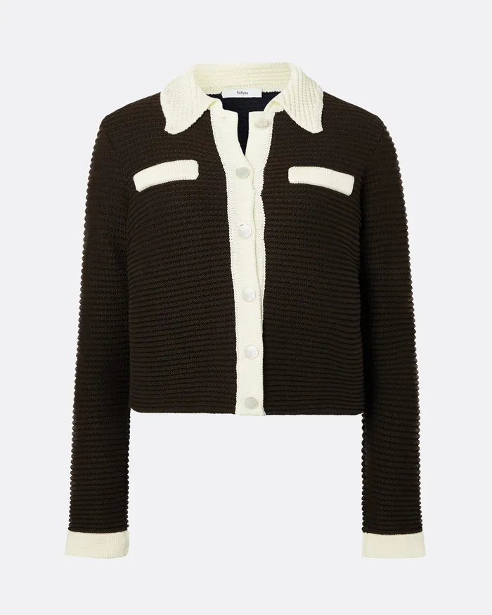 Women Knitwear Safiyaa Artemis Dark Mocha and Ivory Crochet Jacket Dark Mocha