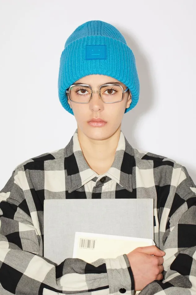 Women Large Face Logo Beanie Sapphire Blue Acne Studios Hats
