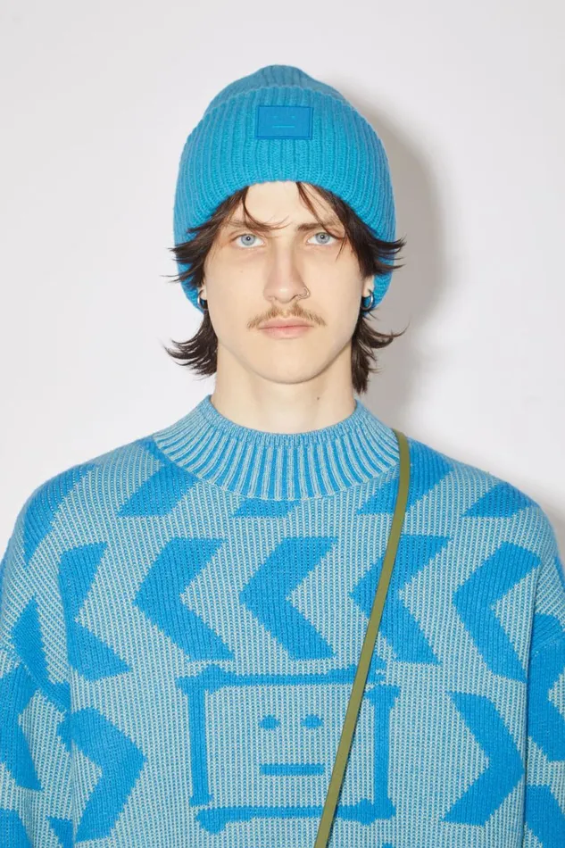 Women Large Face Logo Beanie Sapphire Blue Acne Studios Hats