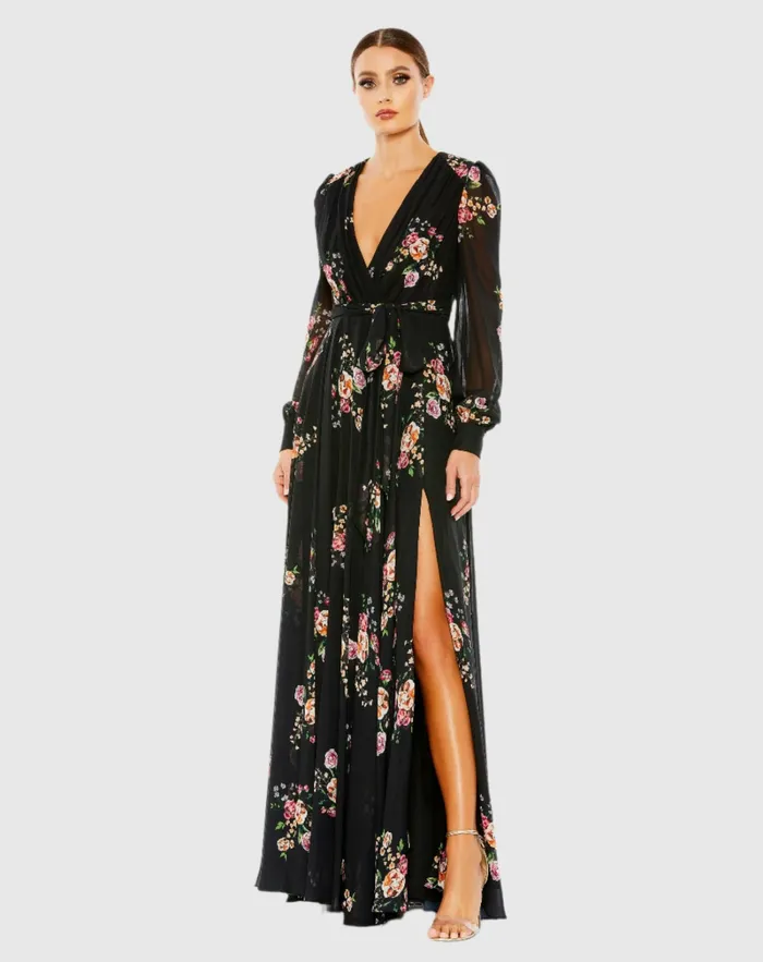 Women Mac Duggal Belted Floral Print Illusion Long Sleeve Gown Black Multi Daytime Dresses Women Mac Duggal Belted Floral Print Illusion Long Sleeve Gown Black Multi Daytime Dresses