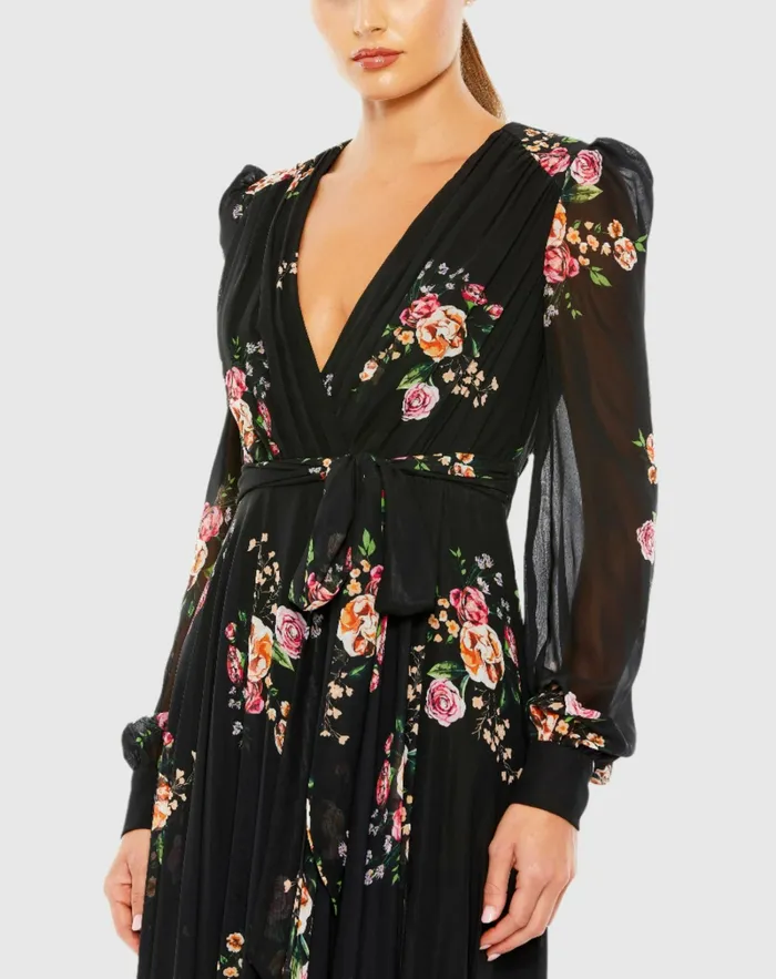 Women Mac Duggal Belted Floral Print Illusion Long Sleeve Gown Black Multi Daytime Dresses