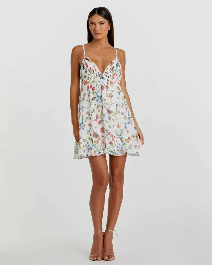 Women Mac Duggal Butterfly Print Ruffle Hem Mini Dress White Multi Daytime Dresses
