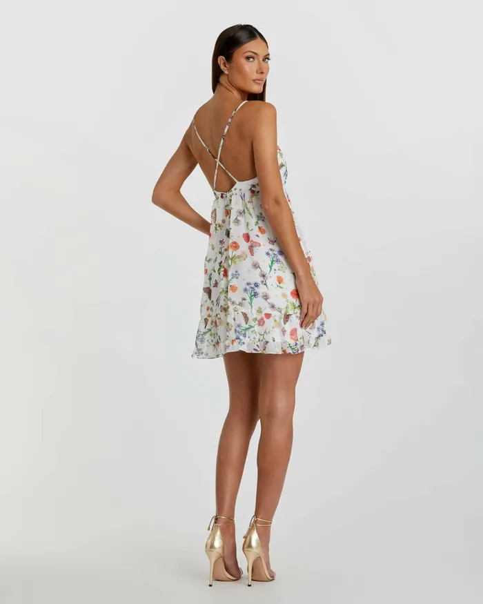 Women Mac Duggal Butterfly Print Ruffle Hem Mini Dress White Multi Daytime Dresses