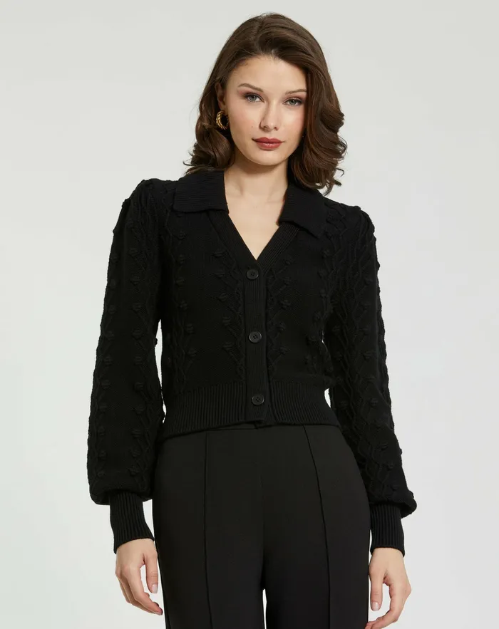 Women Mac Duggal Cropped Bobble Cable Knit Button Up Cardigan Sweater Black Knitwear