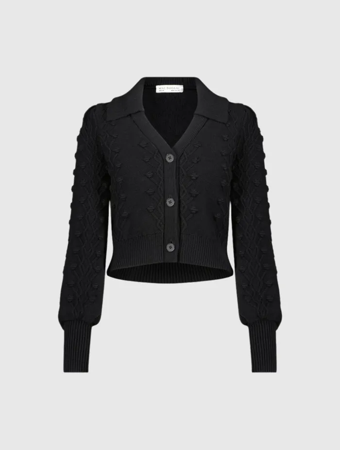 Women Mac Duggal Cropped Bobble Cable Knit Button Up Cardigan Sweater Black Knitwear