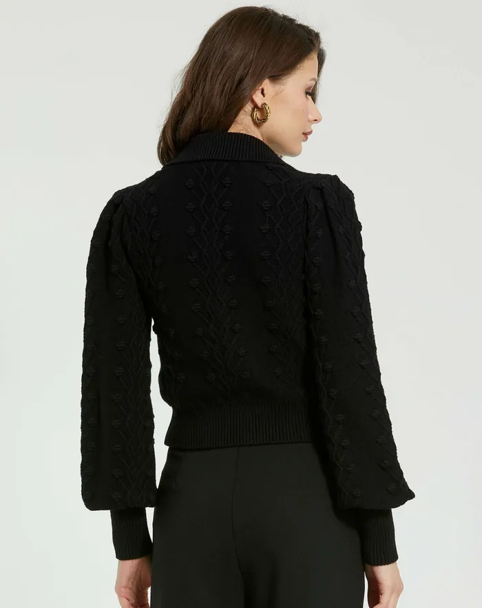 Women Mac Duggal Cropped Bobble Cable Knit Button Up Cardigan Sweater Black Knitwear