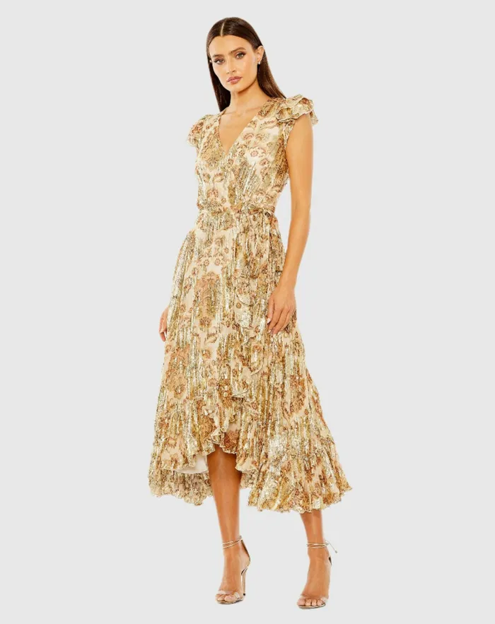Women Mac Duggal Flutter Sleeve Floral Wrap Dress Cream Multi Daytime Dresses