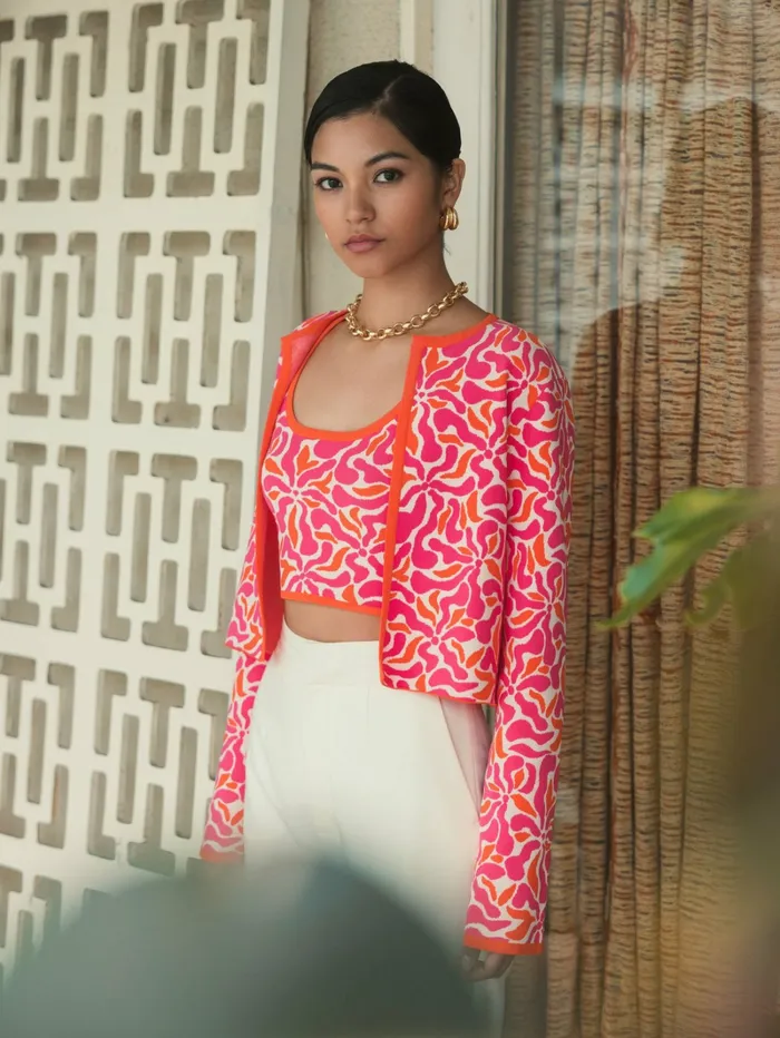 Women Mac Duggal Long Sleeve Knit Floral Cardigan 8211 FINAL SALE Sunset Multi Knitwear