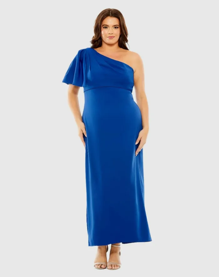Women Mac Duggal One Shoulder Tea Length Crepe Dress Plus 8211 FINAL SALE Cobalt Plus Size Dresses Women Mac Duggal One Shoulder Tea Length Crepe Dress Plus 8211 FINAL SALE Cobalt Plus Size Dresses