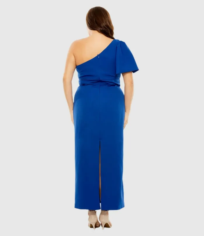 Women Mac Duggal One Shoulder Tea Length Crepe Dress Plus 8211 FINAL SALE Cobalt Plus Size Dresses