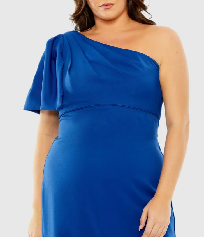 Women Mac Duggal One Shoulder Tea Length Crepe Dress Plus 8211 FINAL SALE Cobalt Plus Size Dresses
