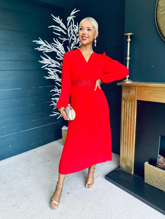 Women Midi Canella Lane Freya Pleated Sequin Detail Midi Dress Red