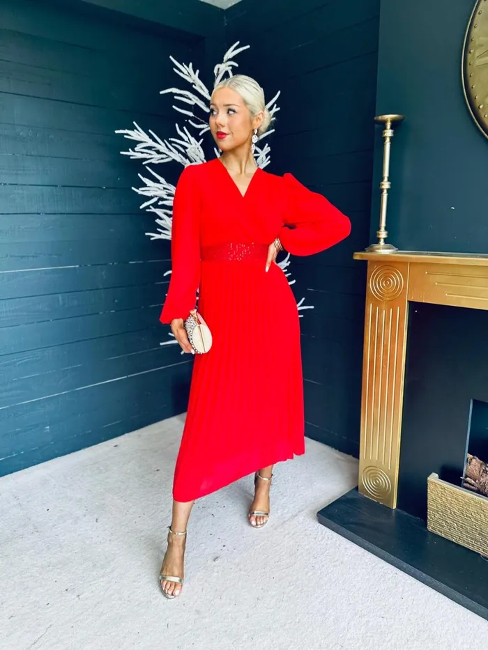 Women Midi Canella Lane Freya Pleated Sequin Detail Midi Dress Red