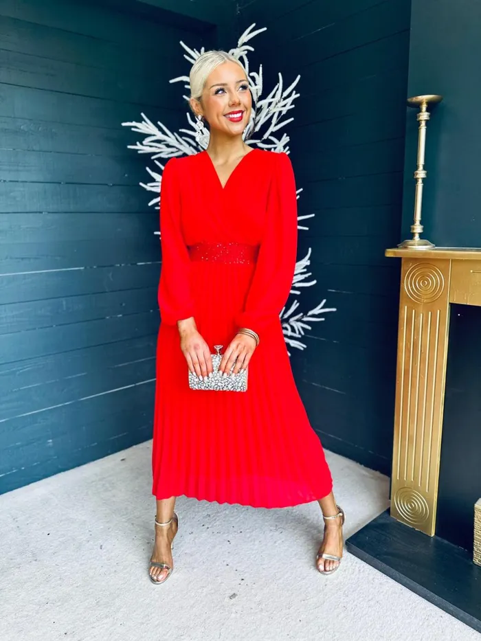 Women Midi Canella Lane Freya Pleated Sequin Detail Midi Dress Red