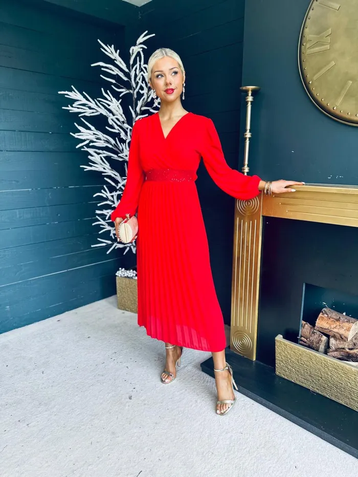Women Midi Canella Lane Freya Pleated Sequin Detail Midi Dress Red